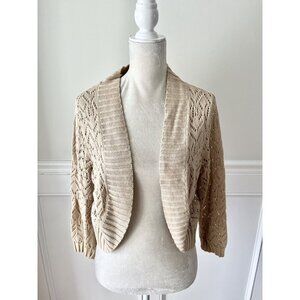 White Stag Ladies M Tan Open Knit Cropped Cocoon Cardigan 100% Cotton